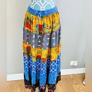 SACRED THREADS boho funky hippie patch rayon maxi tiered SKIRT OS